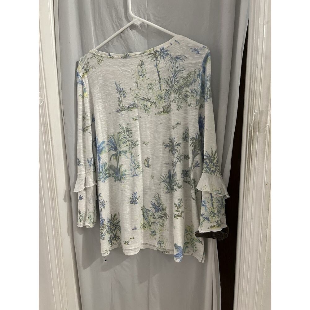 J Jill White Blue Green Tropical Print Tee Layered Sleeve Linen Blend Sz Xl - Picture 8 of 8